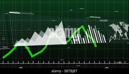 Displaying data visualization on dashboard, with area chart, line chart, bar charts, world map Stock Photo