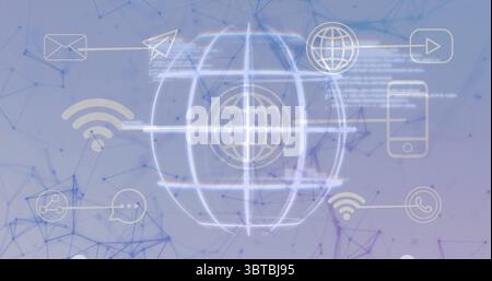 Displaying glowing globe grid at digital network center with envelope and wifi icons linking Stock Photo