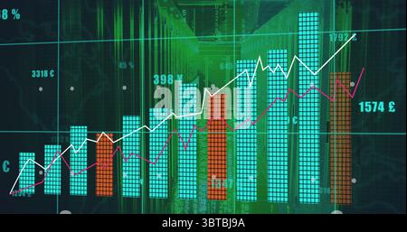 Displaying chart showing market trends on dashboard with teal bars, line graphs, green code streams Stock Photo