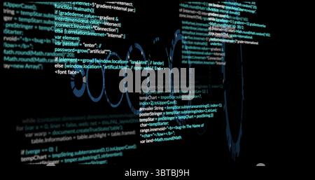Displaying JavaScript code scrolling over wireframe spheres on black backdrop, workspace Stock Photo