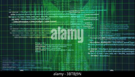 Displaying programming code overlay floating across digital grid interface, with loop constructs Stock Photo