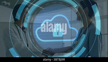 Doctors wearing lab coats, stethoscopes shaking hands in clinic hallway, hud binary cloud padlock Stock Photo