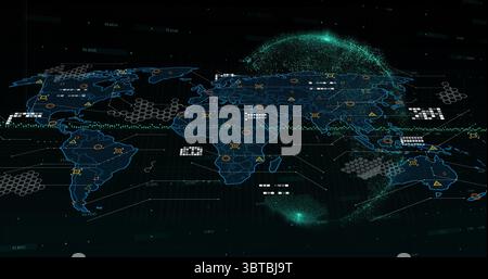 Displaying holographic world map floating on control dashboard, with translucent hex grid Stock Photo