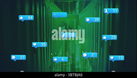 Floating social media icons showing counts in data center, featuring binary code and servers Stock Photo
