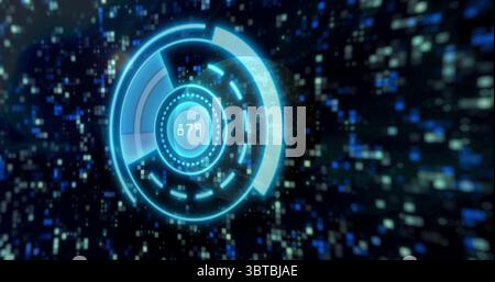 Rotating neon-blue HUD graphic displaying 879 readout in virtual space, with drifting pixel blocks Stock Photo
