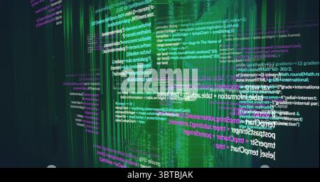 Moving code lines and green data bars across virtual interface, with holographic effect Stock Photo