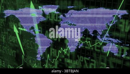 Displaying purple dotted world map on market grid screen, showing green arrows and numeric data Stock Photo