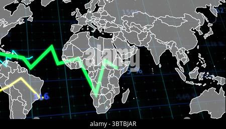 Displaying outline world map tracing green and yellow trend lines in dashboard with percent symbols Stock Photo