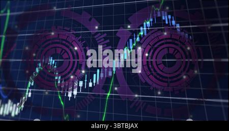 Displaying chart on trading platform with candlesticks, neon green line graph, circular HUDs Stock Photo