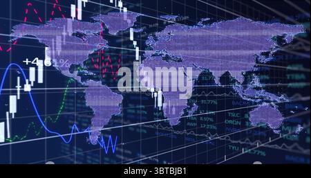 Displaying purple world map overlaying dashboard grid, with candlestick bars and line graphs Stock Photo