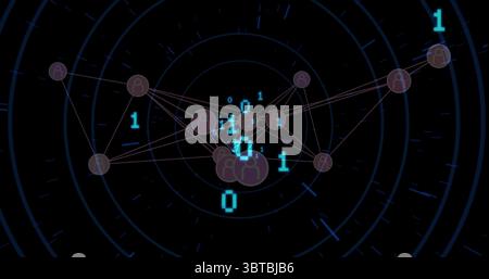 Displaying user icon nodes connecting with lines and binary digits in futuristic network interface Stock Photo