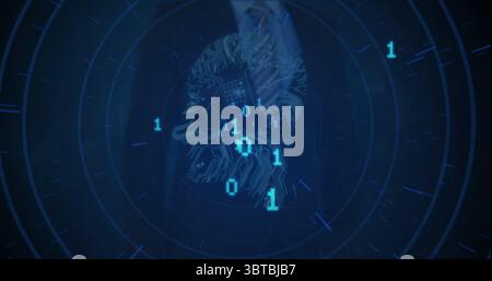 Stylized digital brain pulsating in futuristic HUD interface, with binary digits and grid lines Stock Photo