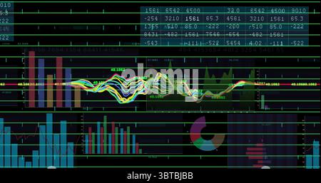 Displaying colored line graph alongside numeric tables on monitor, with bar charts and donut chart Stock Photo