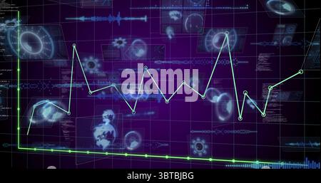 Displaying neon green line graph with glowing nodes over purple grid, dials and gear icons Stock Photo