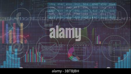 Displaying data dashboard in virtual interface, showing bar charts line graph and streaming code Stock Photo