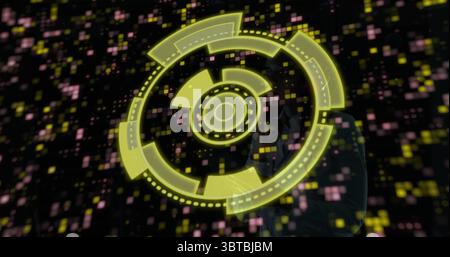 Standing engineer in business attire interacting with digital interface in studio, with pixel data Stock Photo