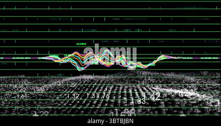 Displaying colorful waveform undulating over green grid on virtual dashboard, white numeric data Stock Photo