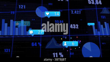 Displaying analytics dashboard on grid screen, with bar charts pie chart reaction icons Stock Photo