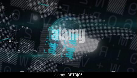 Displaying dotted world map under turquoise scanning frames in virtual interface with code strings Stock Photo