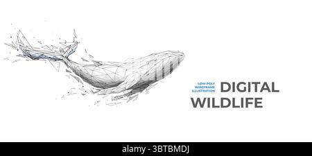 Abstract Geometric Low Poly Wireframe Blue Whale in Motion Stock Vector