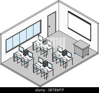 Simple and cute isometric line drawing illustration of a school computer lab lined with computers, Vector Illustration Stock Vector