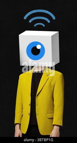 Conceptual artwork. Cube-headed businessman with digital eyeball and Wi-Fi signal Stock Photo