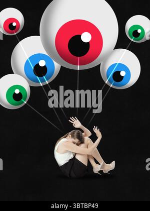 Conceptual digital artwork. Woman hiding from colorful eyes in surveillance-themed collage illustration Stock Photo