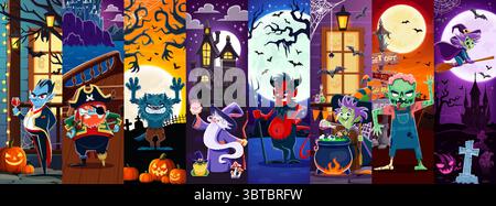 Cartoon scary Halloween characters collage. Funny witch, zombie, dracula vampire and wizard, devil demon, werewolf and dead pirate vector characters with Halloween holiday pumpkins, bats and graveyard Stock Vector