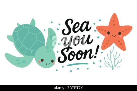 Cute green turtle and smiling starfish swim by a playful farewell message in bubbly ocean scene. Great for marine-themed cards and summer decor Stock Vector