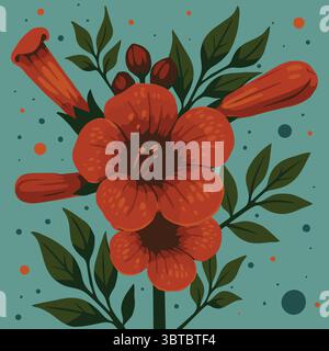 A vibrant red-orange trumpet flower with green leaves on a teal background, decorated with scattered colorful dots. Stock Vector