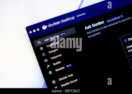 Poznan, Poland - June 30, 2025: Screen view of the Docker Desktop application, featuring Ask Gordon, a beta AI assistant, enhancing cloud development Stock Photo