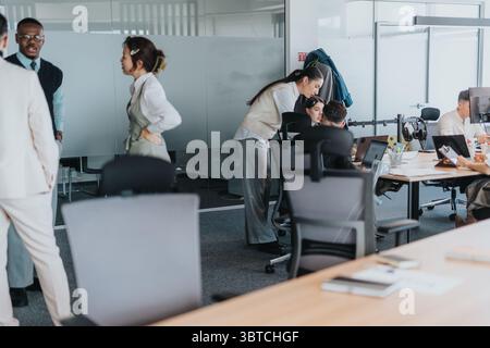 Group of employees working together in an open office space, promoting teamwork and collaboration. Stock Photo