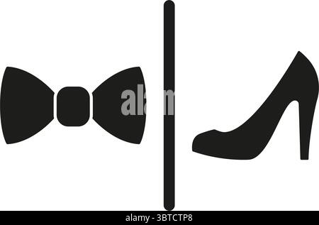 Bow Tie and High Heel WC Solid Icon. Gender-Specific Fashion And Formal Dress Code Symbol Indicating Male and Female Restroom Areas Silhouette Symbol Stock Vector
