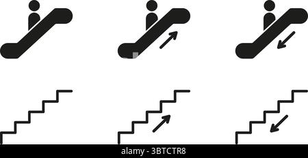 Escalator And Stair Direction Solid Icons. Upward And Downward Movement, Navigation Silhouette Symbol Collection. Public Transport And Building Stock Vector