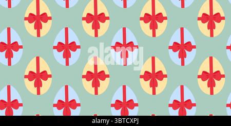 Colorful Easter Eggs Blue and Yellow with Tied Ribbon Bow Seamless Pattern on Green Backdrop Banner. Isolated Vector illustration Easter Thematic Cards Background Invite or banners, leaflets, labels  Stock Vector