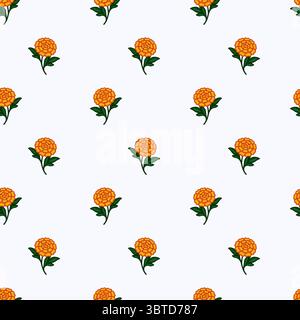 Seamless vector pattern of stylized orange marigold flowers with dark green leaves on a white background, perfect for textile prints or festive design Stock Vector