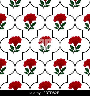 Elegant vector seamless pattern featuring stylized red flowers cresta de gallo and leaves within a quatrefoil frame, creating a sophisticated and mode Stock Vector