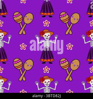 Vibrant Vector Seamless Pattern Featuring Calaveras, Maracas, and Floral Motifs for Day of the Dead Celebrations Stock Vector