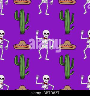 Seamless vector pattern featuring vibrant purple background, dancing skeletons with floral eye makeup and red bow ties, along with green cacti and tra Stock Vector