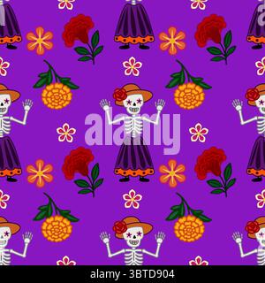 Vibrant vector seamless pattern featuring Calavera Catrina skeletons in traditional Mexican attire, waving and surrounded by marigolds and other color Stock Vector