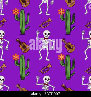 Vibrant Vector Seamless Pattern: Day of the Dead Fiesta with Dancing Skeletons, Cacti, Guitars, and Trumpets on Purple Background Stock Vector