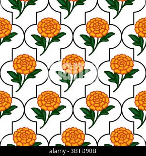 Seamless vector pattern of stylized marigold flowers with dark green leaves arranged within a repeating quatrefoil frame on a white background, creati Stock Vector