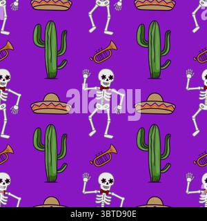 Seamless vector pattern featuring vibrant Day of the Dead skeletons dancing with trumpets, cacti, and sombreros on a rich purple background. Stock Vector