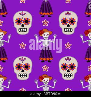 Vibrant vector seamless pattern featuring Calavera Catrinas, skeletons in traditional attire, and colorful floral elements against a rich purple backg Stock Vector