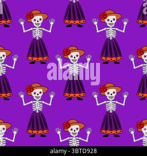 Seamless vector pattern featuring cheerful Calavera Catrina skeletons in vibrant purple and orange, perfect for Day of the Dead celebrations. Stock Vector