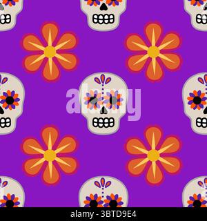 Vibrant vector seamless pattern featuring stylized sugar skulls adorned with orange and purple flowers on a rich purple background, perfect for Day of Stock Vector