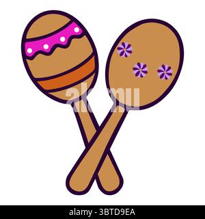 A vibrant vector illustration of two crossed maracas, one adorned with pink and orange stripes, the other with purple flowers, showcasing a playful an Stock Vector