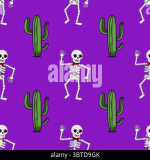 Seamless vector pattern featuring dancing skeletons with floral eye decorations and red bow ties, playfully interacting with vibrant green cacti again Stock Vector