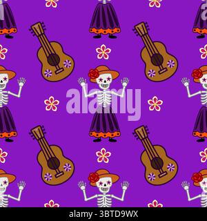 Vibrant vector seamless pattern featuring Day of the Dead skeletons in traditional attire, guitars, and colorful flowers on a rich purple background, Stock Vector