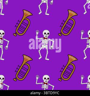 Festive Day of the Dead vector seamless pattern featuring dancing skeletons with floral eye makeup and golden trumpets, perfect for vibrant Halloween Stock Vector